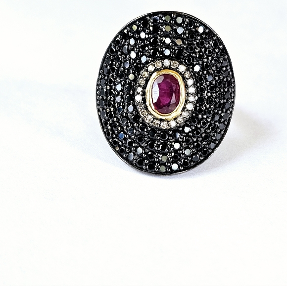 Genuine Carol Brodie Ruby & Black Spinel Ring Yellow Gold over 925 Sz 6! ✨️ - Picture 5 of 11